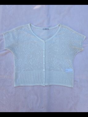 Women's Cream Knit Button-Front Short Sleeve Sweater